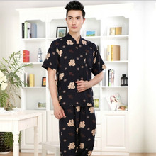 夏季男士纯棉睡衣绵绸短袖九裤家居服套装开衫人造棉透气休闲凉感