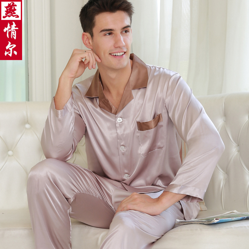 Autumn Men's Long Sleeve Silk Pajamas Men's Thin Underwear Home Suit Plus Size Ice Silk Casual Home Clothes