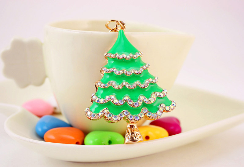 38g Weight Alloy, Metal Material Flower Pattern Unisex Gender Red, Green, Black Color Korean Oil Crafts Diamond-studded Christmas Tree Car Metal Pendant Bag Key Chain 5