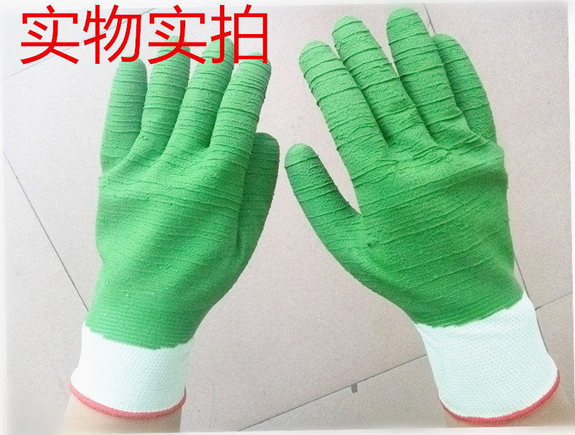 纯胶波浪纹起皱 白纱绿浸胶劳保手套 耐磨防滑大王纯胶