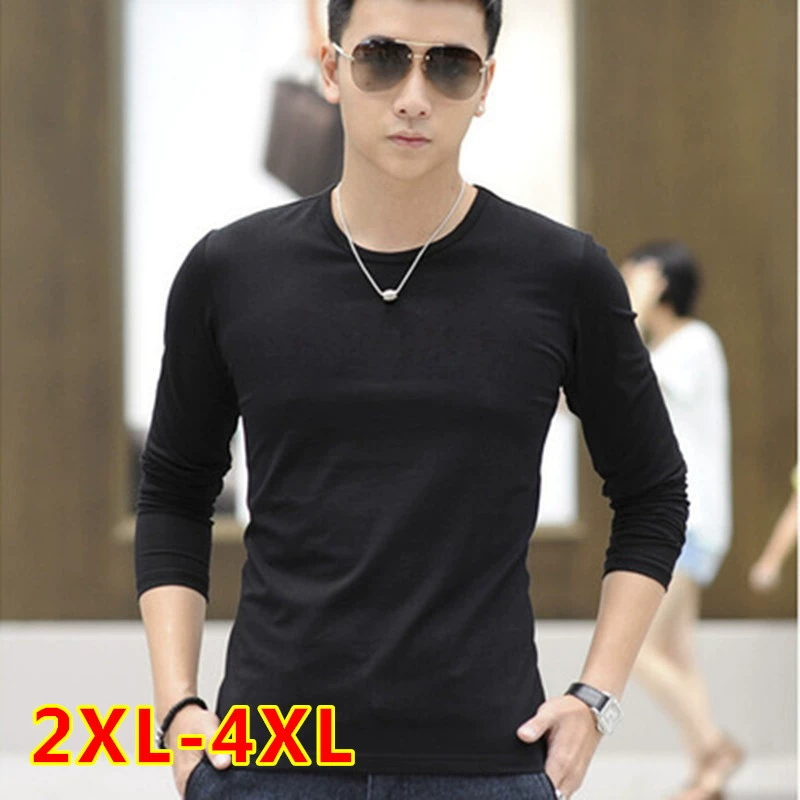 Factory Outlet плюс размер, однотонная мужская футболка с круглым вырезом и длинным рукавом, Базовая рубашка для мальчиков, приталенная Повседневная модная Внешняя торговля