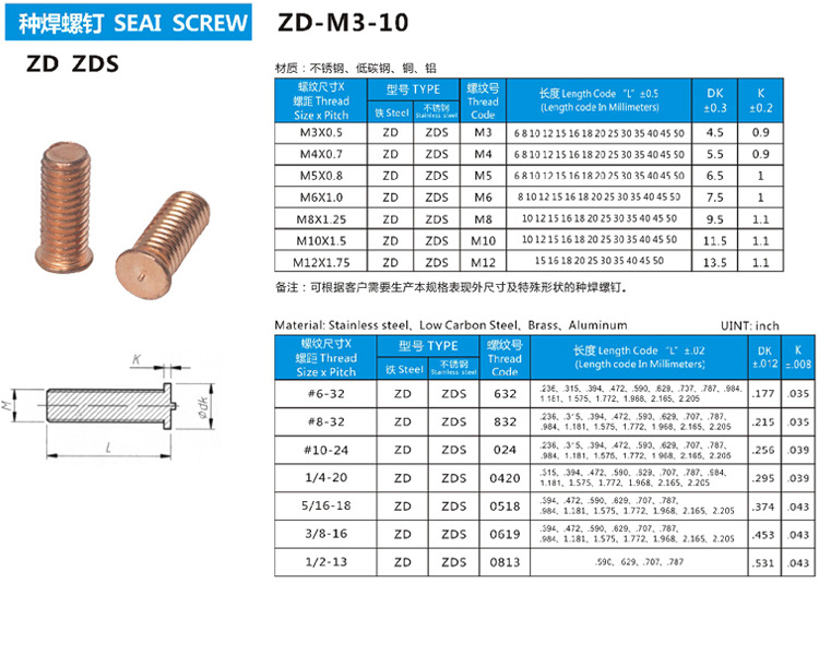 种焊螺丝尺寸表1