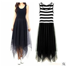 春夏莫代尔背心裙高腰蓬蓬裙不规则条纹打底网纱连衣裙女一件代购