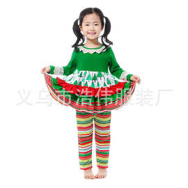欧美外贸新款女童纯棉舒适圣诞节日款套装 彩色圣诞树童装两件套