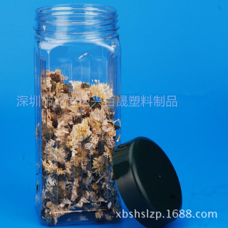 厂家批发花茶透明塑料瓶 pet休闲食品包装罐 550四方瓶 收纳罐