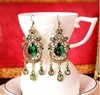 Retro green long earrings, European style, with gem, maxi length