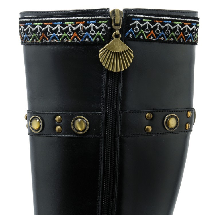 2016秋冬季新款民族風刺繡花邊皮帶扣騎士靴高筒靴子真皮女靴