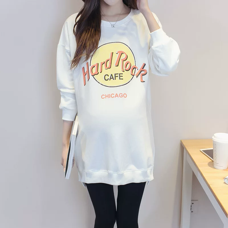 Demi-season long-sleeve for pregnant, fleece long sweatshirt, Korean style, increased thickness, mid-length, plus size
