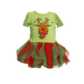 女童圣诞裙新款圣诞新年款宝宝短袖小鹿双色网纱裙连衣裙厂家直供