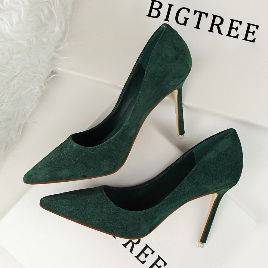 516-1 Korean Style Fashion Simple Stiletto High Heels Shallow Mouth Pointed Toe Suede Sexy Slimming Professional OL_vogvips.com