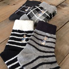 Winter New Arrival Phifoo Rabbit Cotton Lined Plush Striped Check Pattern Women's Socks Half Fleece Edge Trimmed Mid-Calf Warm Cotton Socks