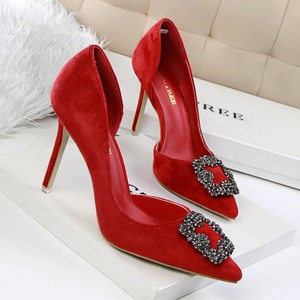 519-3 with shallow pointed mouth han edition with ultra fine suede rhinestone buckles sexy show thin side hollow out wom