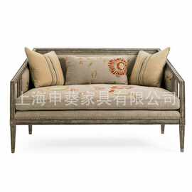 美式实木经典麻布布艺沙发橡木做旧客厅接待椅主卧躺椅家具制作