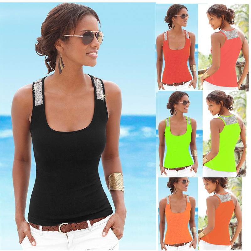 European and American Explosions Women's Bead Stitching Milk Silk Square Collar Sleeveless Top Sexy All-match Vest Top 9961