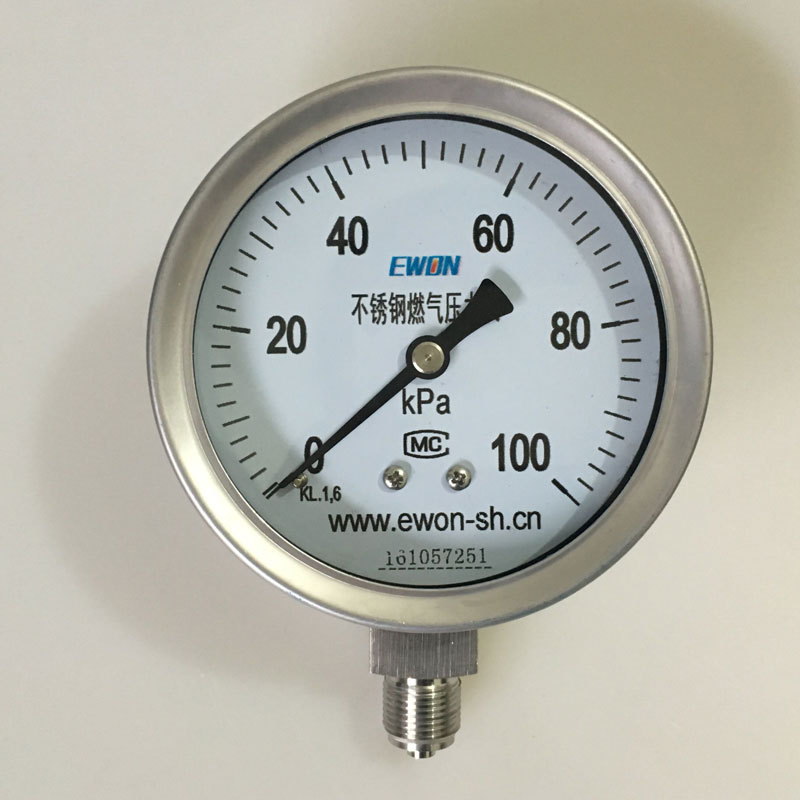 不锈钢天然气压力表Y100燃气压力表 G3/8 100Kpa机械式压力表直销