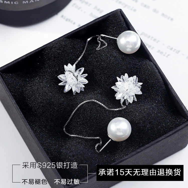 S925 pendientes de plata esterlina estilo coreano moda Flor de hielo pendientes de perlas de doble cara pendientes de mujer