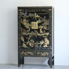 现代新中式手绘漆器复古黑色衣柜仿古典实木高柜卧室储物双门衣柜