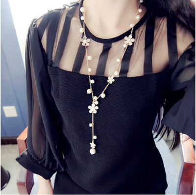C048 Korea Version Floret sweater chain have more cash than can be accounted for Pearl tassels Necklace fashion With accessories