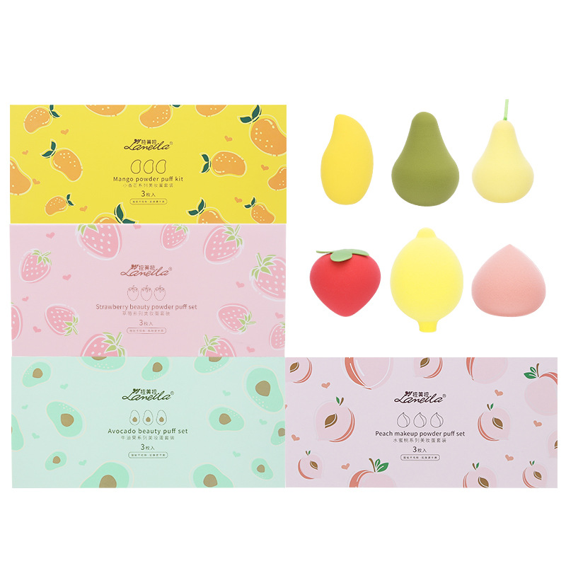 Ramila fruta polvo puff traje 3 piezas mango belleza huevo traje aguacate polvo puff caja de regalo al por mayor