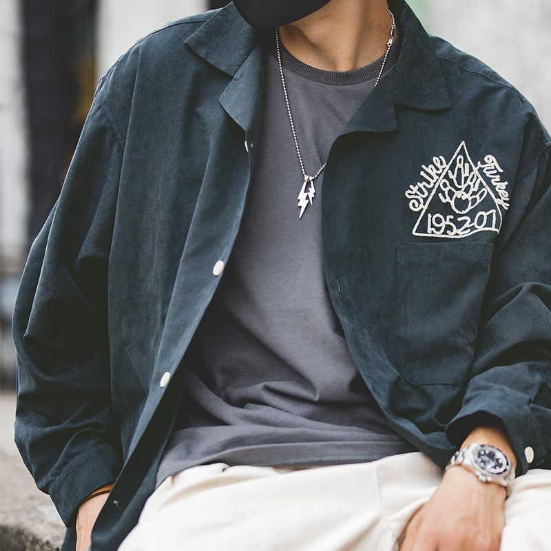 Madden Tooling American Style Vintage Dark Green Shirt Peach Skin Scrub Embroidered Loose Lapel Shirt Bowling Trendy for Men