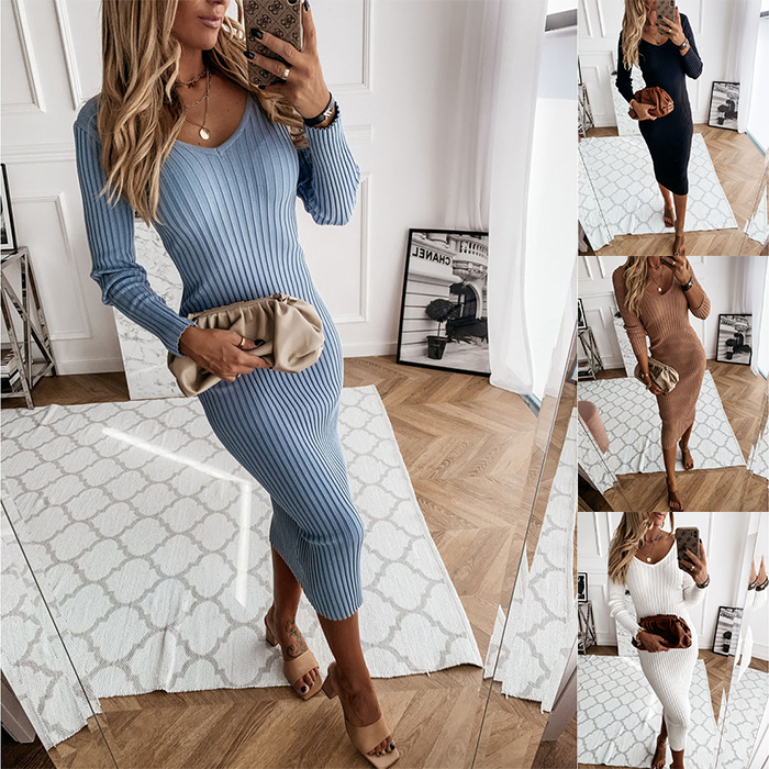ebay AliExpress wish hot casual solid color ribbed low cut V-neck tight long sleeve dress