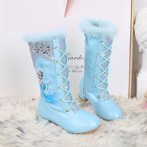Girls high-heeled boots autumn and winter new Elsa Princess boots children's high boots plus velvet knight little girl boots