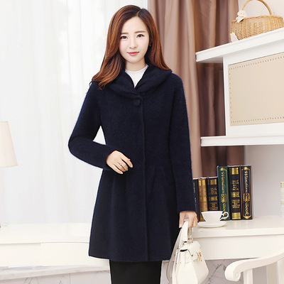 针织衫女开衫黑色加厚中长款长毛大衣外搭两用披肩领真毛貂绒外套|ms