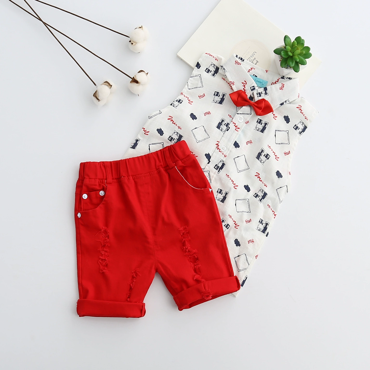 Fashionable vest, set, bow tie, belt, Korean style, cotton and linen