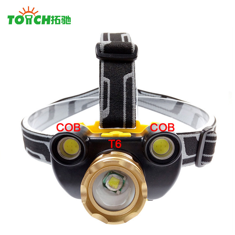 现货户外应急头灯T6+COB新款3led电筒 USB充电锂电池工作照明灯