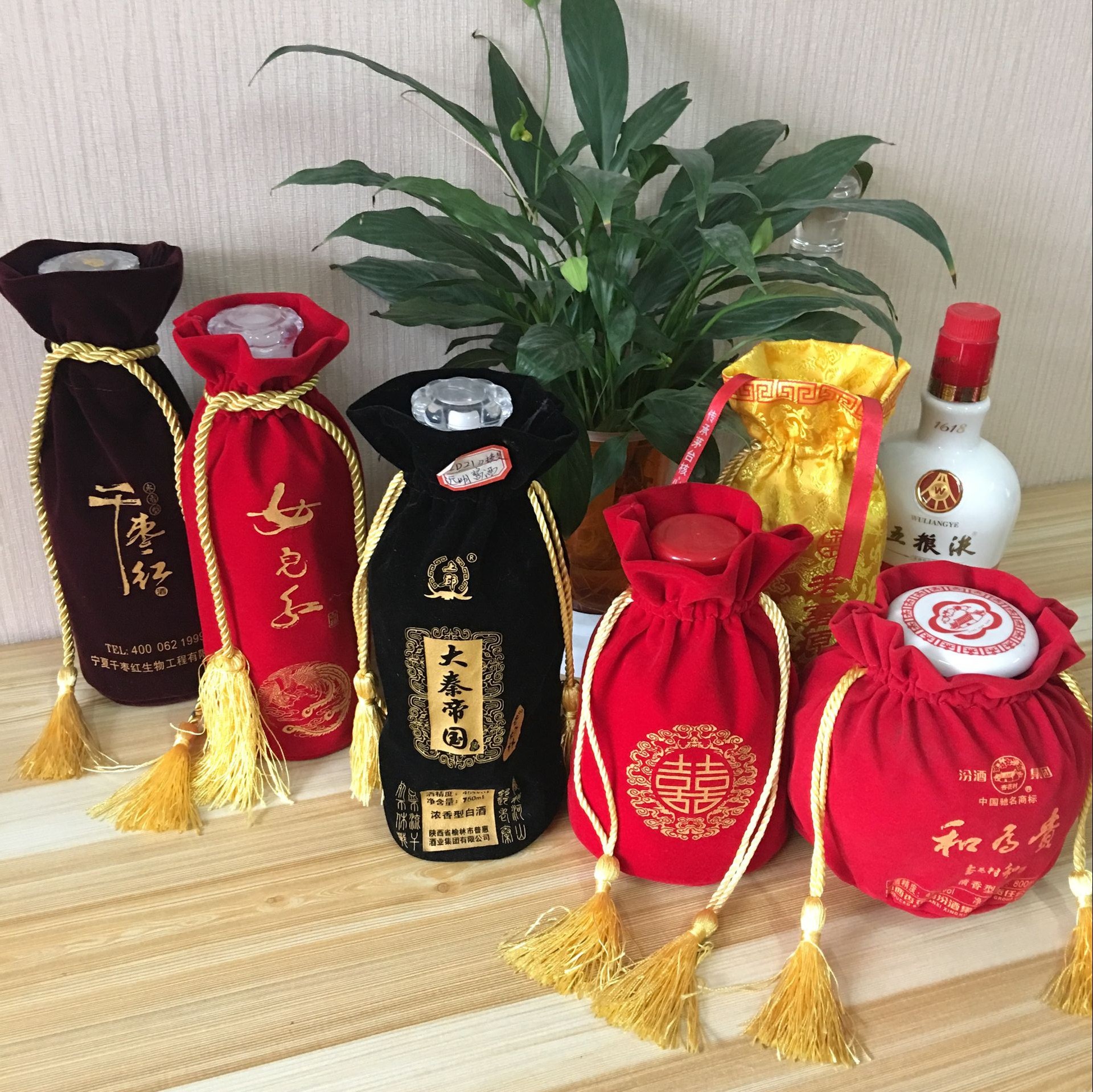 抽绳酒袋带流苏绒布袋圆筒茶叶袋棉带穗礼品子收纳束口袋手提袋