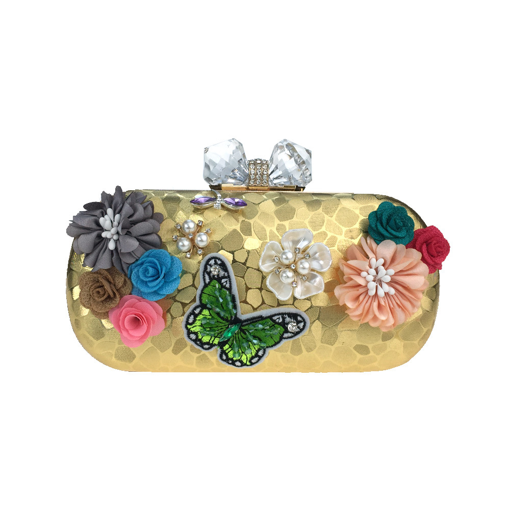 Túi clutch nữ dạ tiệc hoa satin thêu hạt bướm ngọc trai, tay cầm kim loại và dây đeo ngọc trai — Màu đỏ, Màu vàng, Màu bạc chi tiết 9