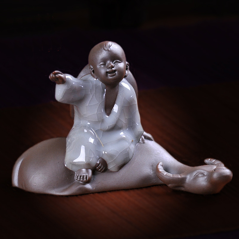 厂家直供 茶宠摆件茶具茶玩哥窑牛童 陶瓷紫砂茶道配件 一件代发