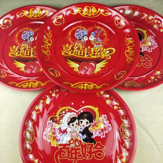 厂家直营  结婚用品大圆铁盘大红茶水盘结婚敬茶盘喜庆托盘敬酒盘