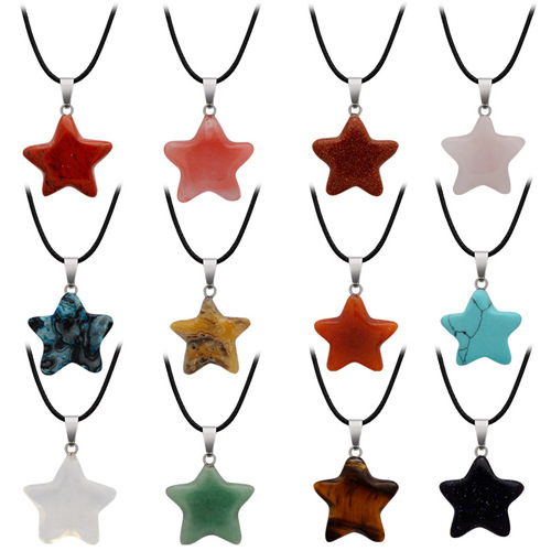 European and American necklace natural stone hand-carved five-pointed star pendant raw stone crystal lucky star pendant set box