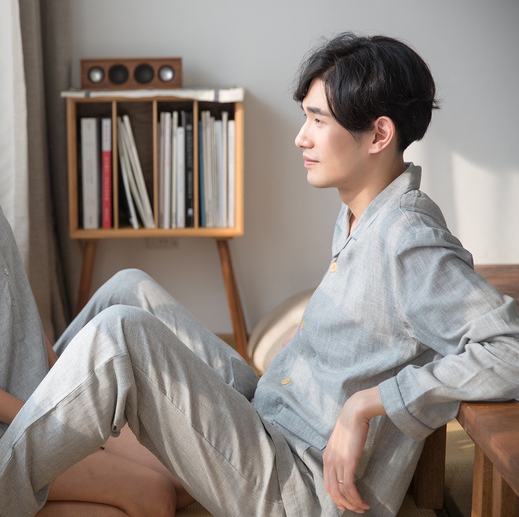 春夏季新款全棉长袖素色套装男士纯棉双层纱布睡衣家居服|ru