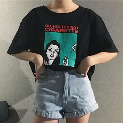2022 new summer women's Korean style contrasting color cartoon character letters loose short-sleeved T-shirt female student tops