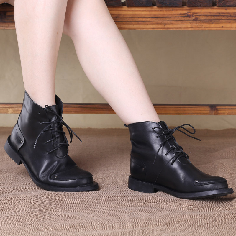 素一人家秋冬短靴女真皮手工系带低跟骑士马丁靴加绒保暖牛皮女靴