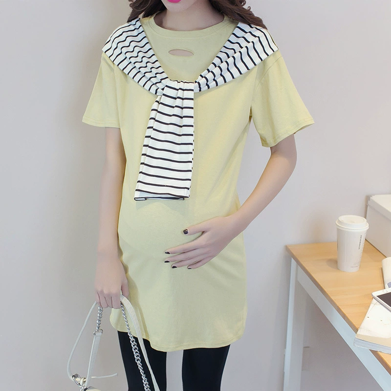 Летняя мода материнства Одежда ВМС стиль шаль короткий рукав футболки Топ средней длины плюс размер T