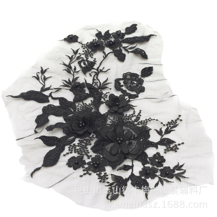 Poliéster bordado de seda macaron negro oro azul con cuentas de diamantes de imitación tridimensional encaje flor pegatinas bordado flor parche