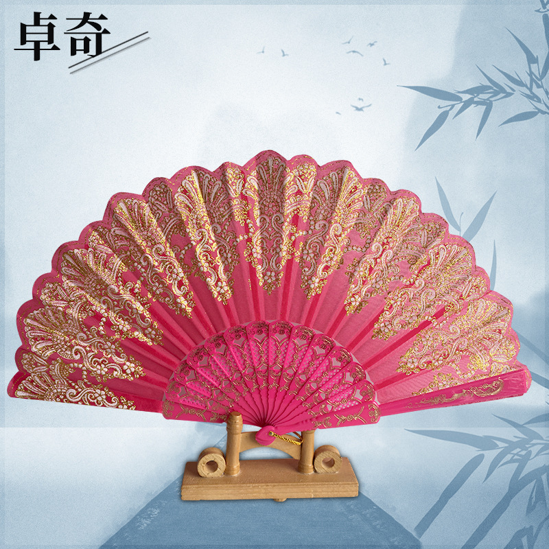 跨境爆款地摊夜市中国风金粉扇 复古折叠礼品扇 舞蹈婚礼折叠扇子