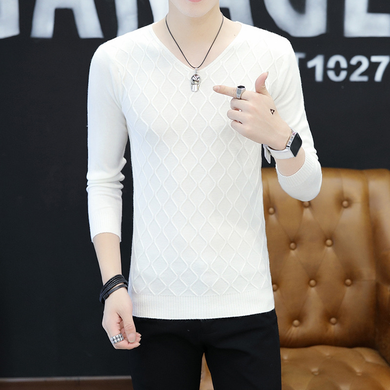 White V-Neck Mesh Sweater Men Slim Fit Autumn Winter
