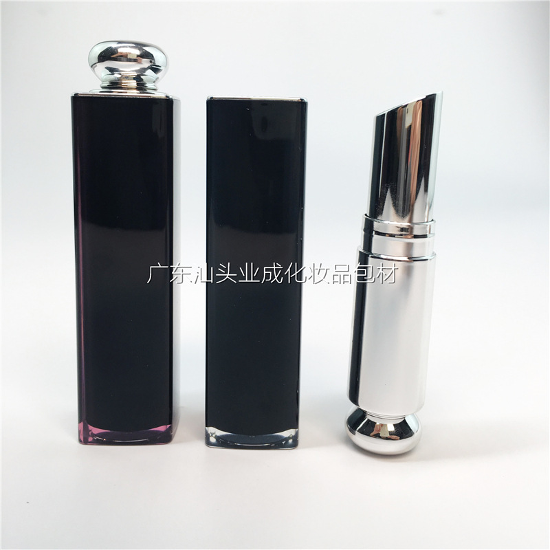 跨境欧美热卖11.1斜口口红管润唇膏包材3.2g紫黑管方形喷镀银色空