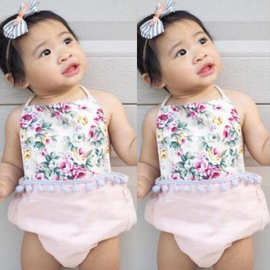 INS夏款外贸粉色挂脖婴儿哈衣碎花梭织棉三角爬女宝宝连身衣爬服