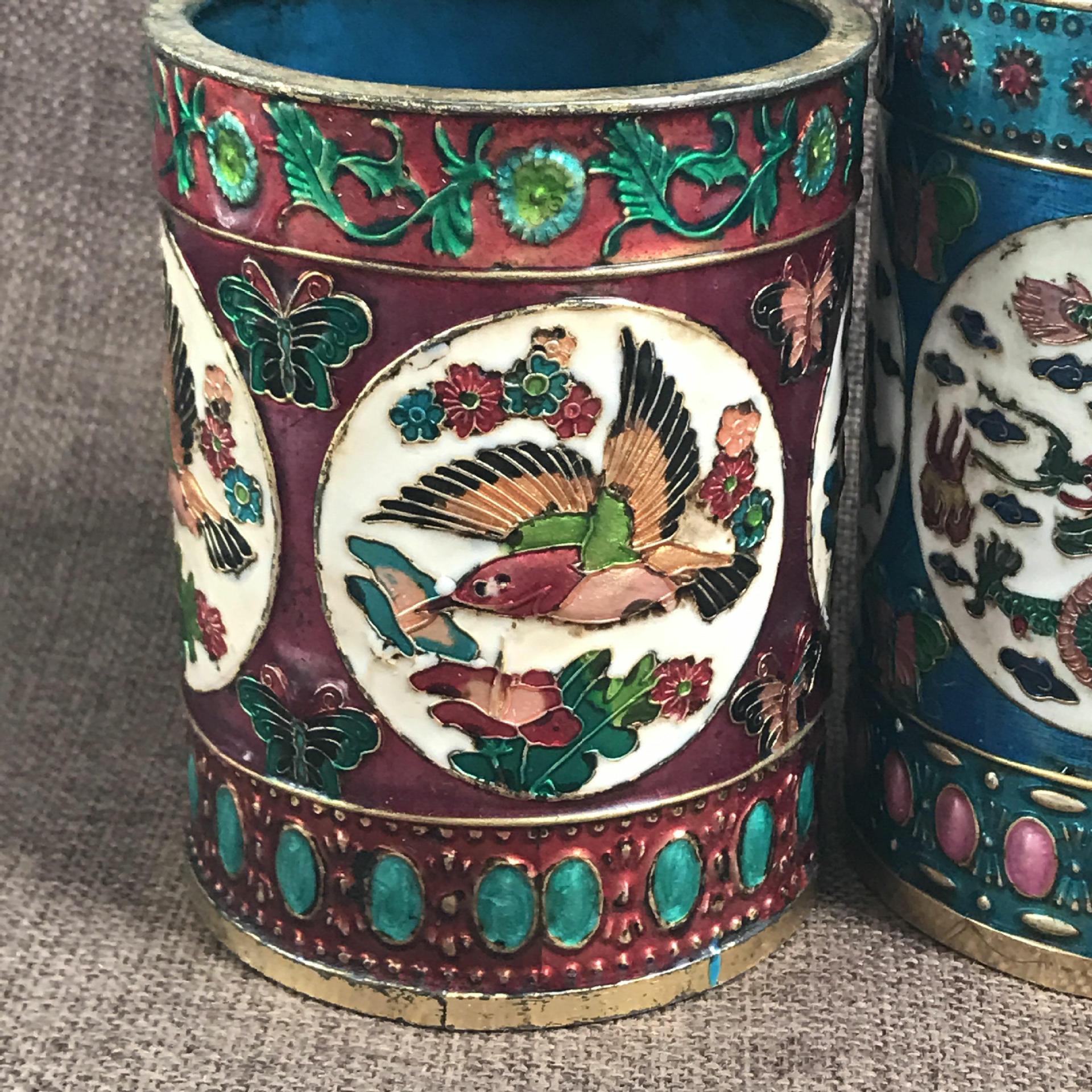 厂家直销黄铜复古景泰蓝笔筒  古玩杂项工艺礼品摆件批发|ms