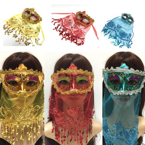 2pcs Halloween mask belly dance children's annual party masquerade veil mask party adult  prom party Indian style cosplay sequins mask