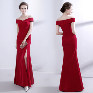 Evening dress female fashion shoulder slim sexy skirt tail word summer wedding bride dress models