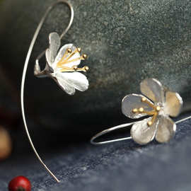 S925纯银耳环 泰国工艺花朵流苏长款耳环 女款 素银耳环