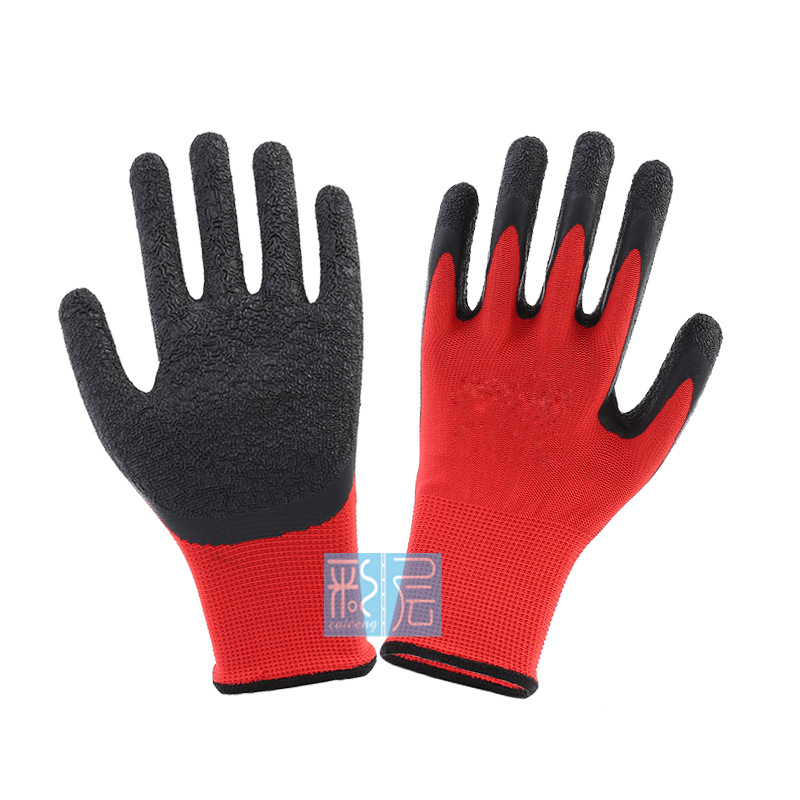 进口红纱黑胶十三针尼龙起皱透气耐油防滑防静电半挂劳保手套用品