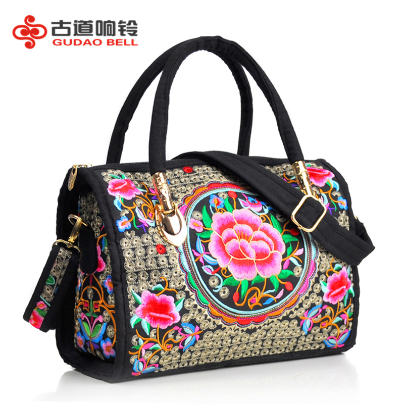 Estilo étnico bordado crossbody portátil de doble uso bolsa de tambor lienzo bordado floral bolsa de viaje hombro portátil bolso de las mujeres
