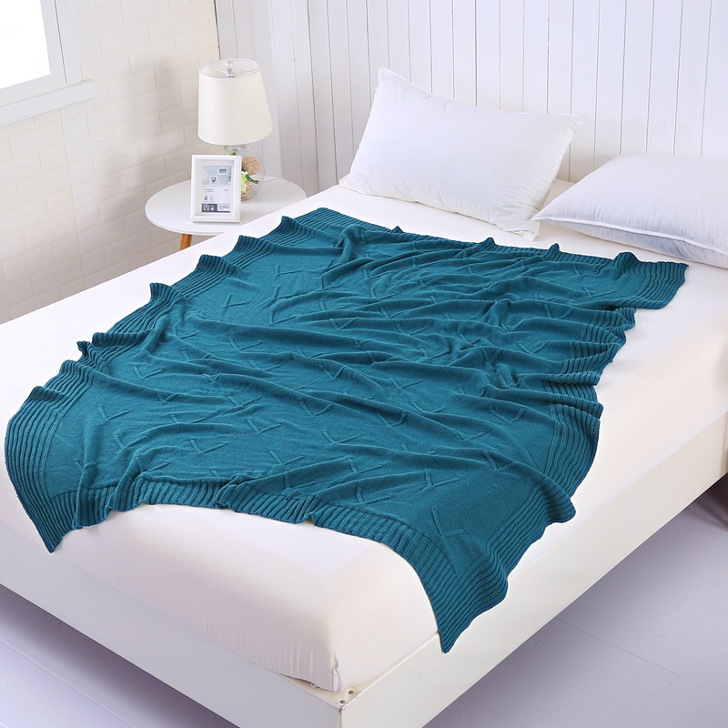 LS JUPITER素色纯棉立体v字花针织毯 粗针全棉毛线毯 厂家正品